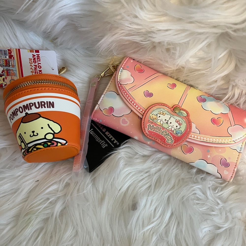 Sanrio Pompompurin Instant Ramen Cup Coin Purse & Loungefly Hello Kitty Wristlet